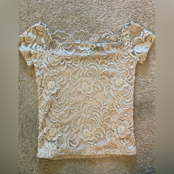Juniors - Cream - Off Shoulder - Lace - Short Sleeve Top - Picture 2 of 5